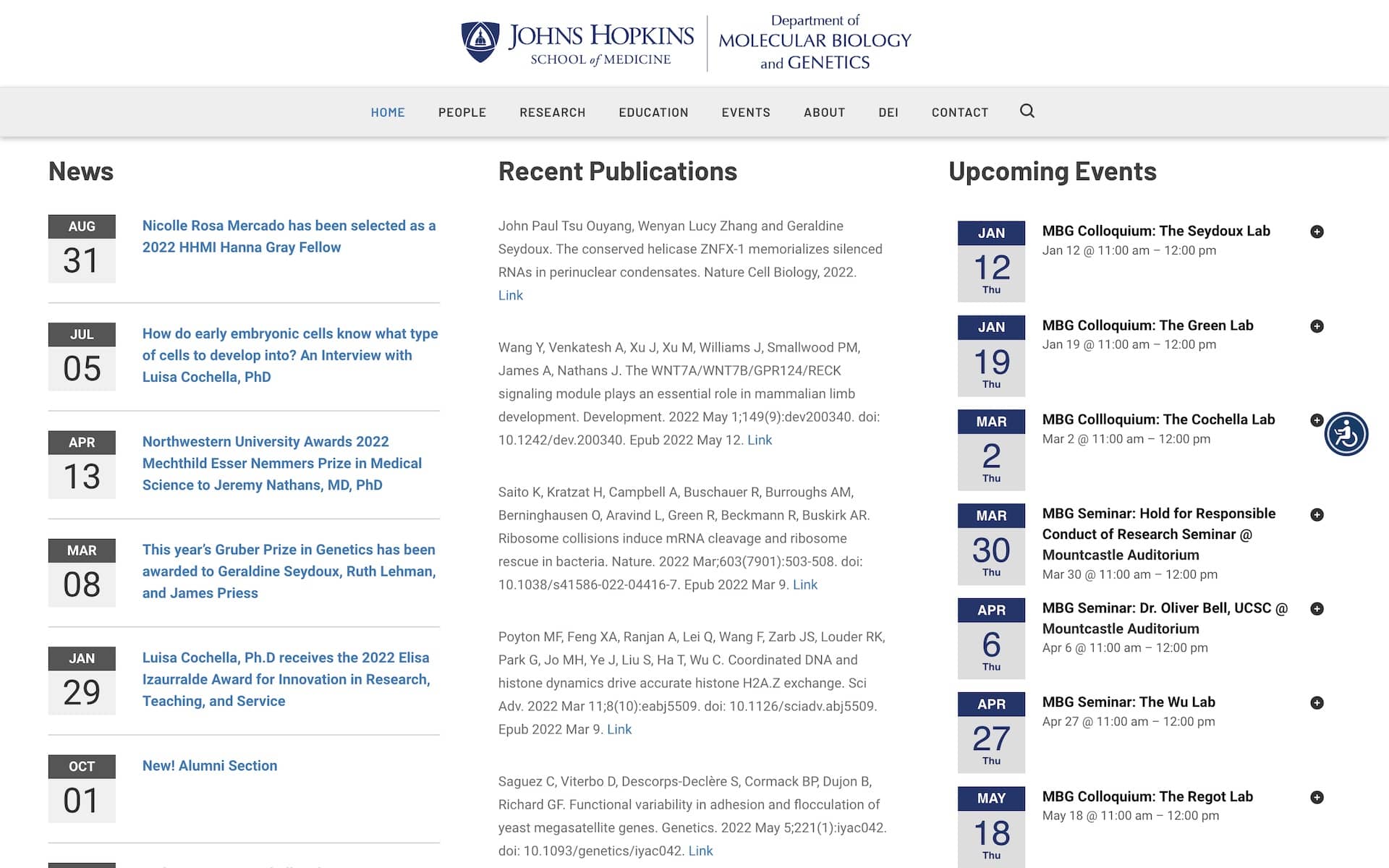 Johns Hopkins Department of Molecular Biology and Genetics Website Page Screenshot
