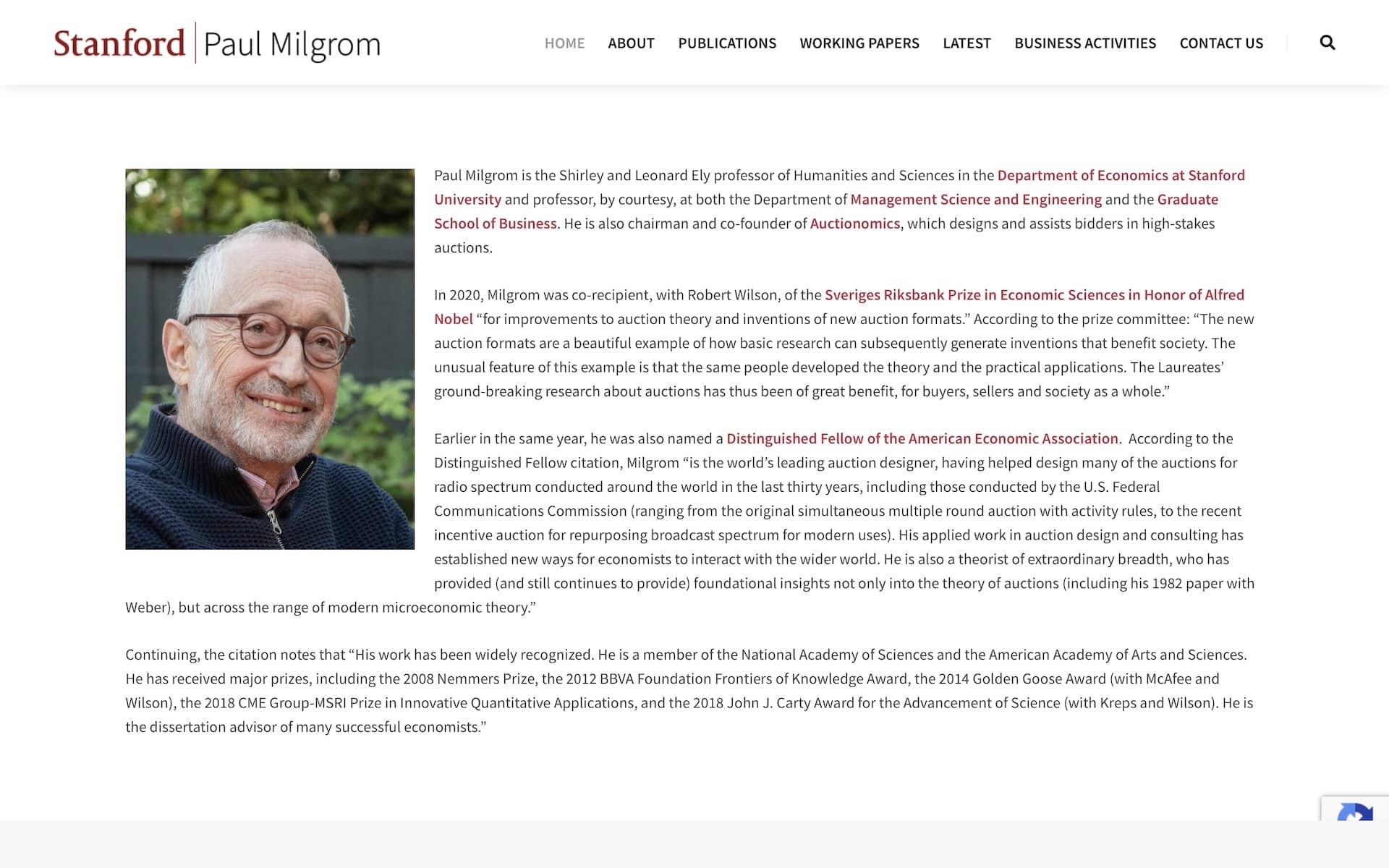 Paul Milgrom Website Page Screenshot